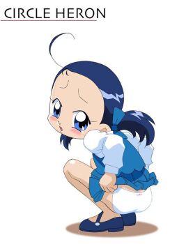 1girl ahoge ass back-print_panties blue_eyes blue_hair blue_ribbon blue_shoes blue_skirt blue_vest blush clothes_lift embarrassed from_behind hair_ribbon loli long_sleeves looking_at_viewer looking_back low_twintails mary_janes ojamajo_doremi open_mouth panties print_panties ribbon school_uniform senoo_aiko shiramayumi shirt shoes short_hair skirt skirt_lift squatting tears twintails underwear vest white_background white_panties white_shirt