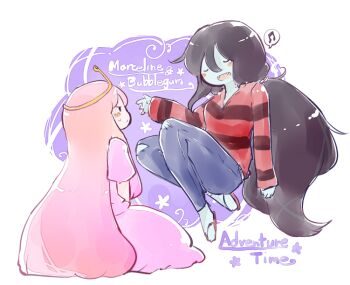 2girls adventure_time black_hair blue_skin blush_stickers cartoon_network character_name closed_eyes colored_skin dress fang flip-flops kenoka long_hair marceline_abadeer multiple_girls musical_note open_mouth pink_dress pink_hair princess_bonnibel_bubblegum sandals shirt smile speech_bubble spoken_musical_note striped_clothes striped_shirt tiara very_long_hair