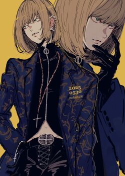 Rule 34 | 1boy, belt, belt buckle, black belt, black gloves, black pants, black vest, blonde hair, blue eyes, blue jacket, bob cut, buckle, closed mouth, cross, cross necklace, dated, death note, earrings, gloves, hair between eyes, hand in pocket, hand to own mouth, hashtag-only commentary, highres, jacket, jewelry, male focus, mello (death note), midriff, multiple earrings, multiple views, necklace, no eyebrows, noko (noko1280), pants, parted lips, print jacket, short hair, solo, turtleneck, twitter username, upper body, vest, yellow background