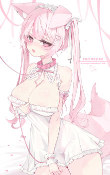 1girl @_@ absurdres animal_ear_fluff animal_ears arm_strap breasts cat_ears cat_girl cat_tail cleavage collar commission cowboy_shot dress frilled_arm_strap hair_ornament hand_up heart heart_hair_ornament highres large_breasts long_hair looking_at_viewer open_mouth original pink_collar pink_hair pink_ribbon raised_inner_eyebrows ribbon short_dress sleeveless sleeveless_dress smile solo sweat tail twintails white_background white_dress yu_o015