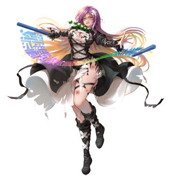 1girl absurdres artist_name bandaged_head bandages battle_damage bead_necklace beads black_boots black_bra black_dress black_panties blonde_hair boots bra breasts burnt_hair cape cleavage cleavage_cutout clothing_cutout commentary cross-laced_clothes damaged damaged_skin defeat dress edz_drawz full_body gradient_hair grey_background highres hijiri_byakuren jewelry lace-up_boots layered_dress light_smile long_hair looking_at_viewer multicolored_hair necklace panties purple_hair signature simple_background solo sorcerer's_sutra_scroll standing standing_on_one_leg tachi-e tearing_clothes tearing_up thigh_strap torn_cape torn_clothes touhou underwear very_long_hair white_dress