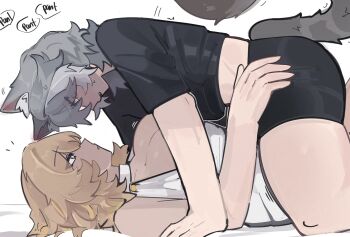 2girls aglaea_(honkai:_star_rail) animal_ears black_shirt black_shorts blonde_hair blush breasts cat_ears cat_girl cat_tail chaerene cipher_(honkai:_star_rail) cleavage commentary dress english_commentary english_text green_eyes grey_hair hand_on_another&#039;s_waist highres honkai:_star_rail honkai_(series) large_breasts looking_at_another medium_hair multiple_girls parted_lips shirt shorts simple_background speech_bubble sweat tail thick_thighs thighs white_background white_dress yuri