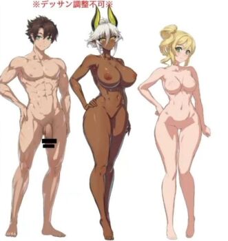 Rule 34 | 1boy, 2girls, abs, ass, barefoot, blonde hair, breasts, brown hair, celis reinhartd, censored, reference sheet, dark-skinned female, dark elf, dark nipples, dark skin, elf, feet, full body, groin, hand on own hip, large breasts, livestream, lowres, medium breasts, multiple girls, muscular, muscular male, navel, nipples, nude, official art, ookuma nekosuke, penis, perky breasts, pointy ears, pussy, shinmai maou no testament, standing, testicles, thick thighs, thigh gap, thighs, toned, toned female, toujou basara, white hair, wide hips, zest