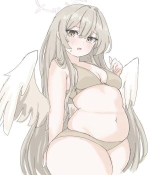 1girl belly blue_archive blush bra breasts brown_bra brown_eyes brown_hair brown_panties cleavage feathered_wings grey_hair hair_between_eyes halo long_hair mieeee muffin_top nagisa_(blue_archive) navel open_mouth panties plump small_breasts solo standing sweat thick_thighs thighs underwear white_background white_wings wings