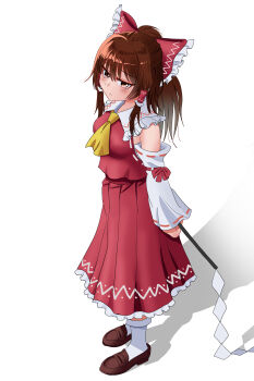 1girl absurdres ascot bow brown_eyes brown_hair brown_shoes detached_sleeves frown full_body gohei hakurei_reimu highres holding holding_gohei kiyo_(tomoki6107) long_hair red_bow red_skirt shadow shoes simple_background skirt socks standing touhou white_background yellow_ascot