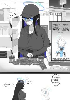 Rule 34 | ..., 2girls, absurdres, angel's 24 uniform (blue archive), apron, averting eyes, barcode scanner, baseball cap, black hair, blue apron, blue archive, blue eyes, blue hair, blue halo, blush, breasts, buying condoms, cawl, censored, colored inner hair, commentary, condom box, convenience store, deadpan, energy drink, english commentary, english text, fake censor, flat chest, halo, hat, highres, large breasts, long hair, long sleeves, mask, mouth mask, multicolored hair, multiple girls, pointy ears, rin (blue archive), shop, short sleeves, sora (blue archive), spot color, surgical mask, sweat, sweater, very long hair, white wings, wings