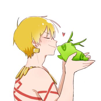 Rule 34 | 1boy, 1other, blonde hair, blush, body markings, ci suke, closed eyes, commentary, earrings, enkidu (fate), fate/strange fake, fate (series), gilgamesh (fate), heart, imminent kiss, jewelry, necklace, profile, short hair, simple background, smile, topless male, upper body, white background