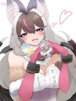 Rule 34 | 1girl, animal ears, bat ears, bat girl, bat wings, blush, breasts, brown eyes, brown hair, brown long-eared bat (kemono friends), cleavage, commentary request, elbow gloves, extra ears, fingerless gloves, gloves, grey hair, heart, heart hands, highres, kemono friends, kemono friends v project, kiryu (rnrwbhybsxj4qgk), large breasts, leotard, long hair, looking at viewer, microphone, multicolored hair, simple background, solo, streaked hair, upper body, virtual youtuber, wings