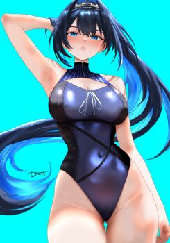 1girl absurdres bare_shoulders black_hair black_one-piece_swimsuit blue_background blue_hair breasts cowboy_shot dfswift high_ponytail highres hololive hololive_english large_breasts multicolored_hair one-piece_swimsuit ouro_kronii ouro_kronii_(holonatsu_paradise) ponytail simple_background solo swimsuit thigh_gap two-tone_hair virtual_youtuber