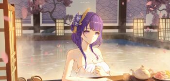 Rule 34 | absurdres, andon, aoiro xiaolan, artist name, bare shoulders, bath, breasts, cleavage, cup, dango, falling petals, food, genshin impact, hair ornament, highres, indoors, looking at viewer, petals, plate, purple eyes, purple hair, raiden shogun, teapot, towel, upper body, wagashi