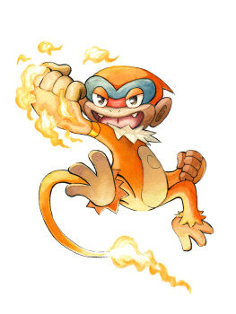 brown_fur clenched_hands fire flame-tipped_tail gen_4_pokemon highres monferno monkey nintendo oliver_hamlin open_mouth painting_(medium) pokemon pokemon_(creature) simple_background solo tail traditional_media watercolor_(medium) white_background