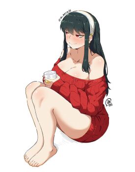 1girl 2026 artist_logo bare_legs bare_shoulders barefoot black_hair blush breasts cleavage collarbone commentary cup dress drunk earrings english_commentary feet hair_between_eyes hairband holding holding_cup jewelry jk_arts knees_up large_breasts logo long_hair looking_to_the_side off-shoulder_sweater off_shoulder red_eyes red_sweater ribbed_sweater sidelocks simple_background sleeves_past_wrists smile solo spy_x_family sweater sweater_dress thighs toenails toes twitter_username white_background white_hairband yor_briar