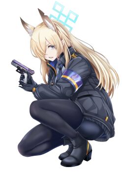 1girl animal_ear_fluff animal_ears armband blonde_hair blue_archive blue_armband blue_eyes blue_halo commentary_request dog_ears dog_girl extra_ears hair_over_one_eye halo highres jacket kanna_(blue_archive) kuga_zankurou long_hair notched_ear pantyhose police police_uniform policewoman sharp_teeth solo teeth