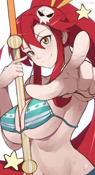 1girl between_breasts bikini bikini_top_only breasts clima-tact cosplay denim female_focus funi_xd green_bikini high_ponytail highres jeans large_breasts looking_at_viewer nami_(one_piece) nami_(one_piece)_(cosplay) nami_(one_piece)_(return_to_sabaody) navel object_between_breasts one_piece pants pointing pointing_at_viewer ponytail red_hair smile solo star_(symbol) striped_bikini striped_clothes sweat swimsuit tengen_toppa_gurren_lagann yellow_eyes yoko_littner