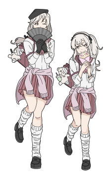 2girls absurdres black_ribbon commentary_request girls_und_panzer gloves hair_ribbon hat highres long_hair matching_outfits mature_female mother_and_daughter multiple_girls ribbon shimada_arisu shimada_chiyo side-by-side skirt skrmtl smile standing stuffed_animal stuffed_toy teddy_bear