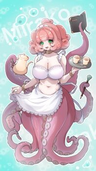 1girl apron blush book breasts bubble choker cleavage commentary_request green_eyes highres holding holding_book holding_pen holding_teapot komena_(shinyday312) large_breasts maid maid_headdress monster_girl open_mouth original pen pink_hair plump scylla short_hair smile solo teapot tentacles wristband