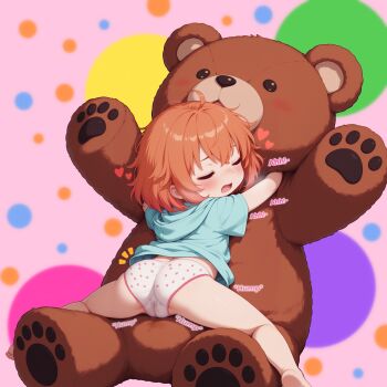 1boy 1girl absurdres age_difference ahoge ai-assisted arched_back ass ass_focus blue_hoodie blush bob_cut bottomless cameltoe cleft_of_venus colorful colorful_background commentary covered_mouth crossed_bangs english_commentary english_text eyebrows_hidden_by_hair fat_mons feet female_focus female_masturbation flat_chest freckles green_eyes grinding hair_between_eyes head_rest heart heavy_breathing held_up hetero highres hina_kurosawa hood hoodie humping loli masturbation messy_hair motion_lines open_mouth orange_hair original oversized_object panties polka_dot polka_dot_background portrait pussy pussy_juice pussy_juice_stain self-upload sex shiny_skin short_hair simple_background size_difference spread_ass stained_panties straddling stuffed_animal stuffed_toy teddy_bear thighs toes underwear