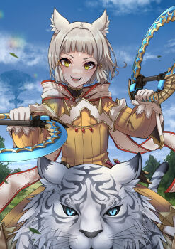 1girl :d animal animal_ears blunt_bangs bodysuit breasts cat_ears chakram dromarch_(xenoblade) dual_wielding facial_mark fangs gloves grey_hair hair_ribbon highres holding holding_weapon looking_at_viewer nia_(xenoblade) on_animal open_mouth outdoors ribbon riding ryuuneart short_hair sitting_on_animal sky small_breasts smile tiger tress_ribbon weapon white_gloves white_tiger xenoblade_chronicles_(series) xenoblade_chronicles_2 yellow_bodysuit yellow_eyes