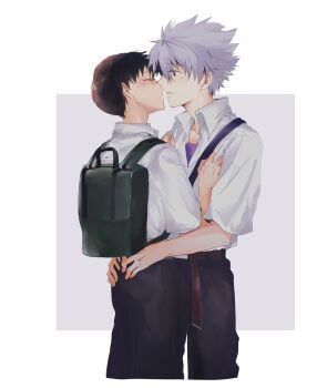 Rule 34 | 2boys, backpack, bag, belt, black hair, black pants, brown belt, closed eyes, closed mouth, collared shirt, cropped legs, grey hair, height difference, highres, ikari shinji, imminent kiss, looking at another, male focus, multiple boys, nagisa kaworu, neon genesis evangelion, pants, shirt, short hair, undershirt, white shirt, yaoi, yorumi1117