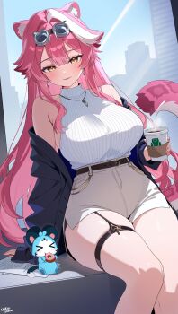 1girl absurdres animal_ears black_jacket blush breasts chattino_(raora_panthera) coffee commentary cup day drinking_glass earrings english_commentary goggles goggles_on_head hair_intakes highres holding holding_cup hololive hololive_english jacket jewelry large_breasts long_hair looking_at_viewer necklace o-rindou5100 panther_ears panther_girl panther_tail pink_hair pink_nails pink_tail raora_panthera sitting skirt smile sweater tail thighs virtual_youtuber white_skirt white_sweater yellow_eyes