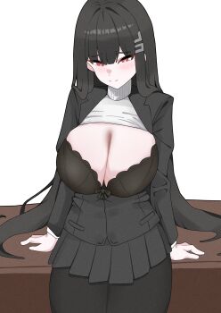 1girl absurdres black_bra black_hair black_jacket black_pantyhose black_skirt blazer blue_archive blush bra breasts cleavage clothes_lift commentary_request frust1532 hair_ornament hairclip highres jacket large_breasts long_hair pantyhose pleated_skirt red_eyes rio_(blue_archive) sitting skirt smile solo sweater sweater_lift turtleneck turtleneck_sweater underwear white_sweater