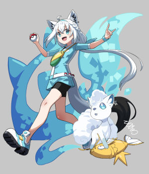 1girl 2others ahoge alolan_form alolan_vulpix alternate_color animal_ears aqua_eyes aqua_shirt black_shorts braid fish fox fox_ears fox_girl fox_shadow_puppet fox_tail gen_1_pokemon gen_7_pokemon hair_between_eyes highres holding holding_poke_ball hololive light_blush long_hair long_sleeves looking_at_viewer magikarp multiple_others nintendo open_mouth pentagram platform_shoes poke_ball pokemon shiny_pokemon shirakami_fubuki shirt shoes short_shorts shorts side_braid smile tail tokumaro very_long_hair waist_poke_ball walking white_hair wristband