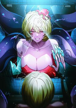 1girl artist_name bare_shoulders blonde_hair blood blood_on_face breasts broken_glass broken_mirror collarbone commentary_request different_reflection dress glass grin hair_between_eyes highres indoors karlcoux large_breasts looking_at_mirror mirror monster_girl octopus purple_eyes red_dress reflection scylla short_hair smile solo spiral tentacle_girl tentacle_tail tentacles white_sleeves yellow_pupils yidhari_murphy zenless_zone_zero