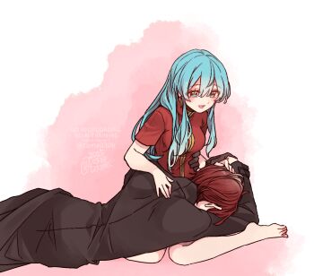 Rule 34 | 1boy, 1girl, 2025, aqua eyes, aqua hair, barefoot, black shirt, blush, breasts, commentary request, couple, eirika (fire emblem), fire emblem, fire emblem: the sacred stones, gloves, happy, headpat, hetero, high collar, highres, lap pillow, long hair, long sleeves, medium breasts, nintendo, open mouth, pink background, red gloves, red hair, red shirt, sayu030b, seth (fire emblem), shirt, short hair, short sleeves, sleeping, sleeping on person, small breasts, twitter username, two-tone background, watermark, white background
