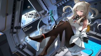 1girl absurdres animal_ears arknights arknights:_endfield black_gloves black_pantyhose blonde_hair blue_eyes dress floating gloves highres pantyhose perlica_(arknights) shangguan_le_hei spacecraft white_dress