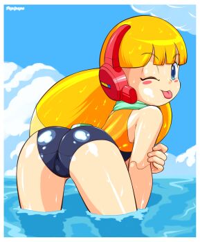 1girl ;p ass bad_id bad_pixiv_id bent_over blonde_hair blue_eyes blush_stickers call_(mighty_no._9) call_h competition_swimsuit female_focus from_behind joints long_hair mighty_no._9 multicolored_hair ocean one-piece_swimsuit one_eye_closed pepipopo robot_ears robot_joints scarf solo swimsuit tongue tongue_out two-tone_hair wading wet
