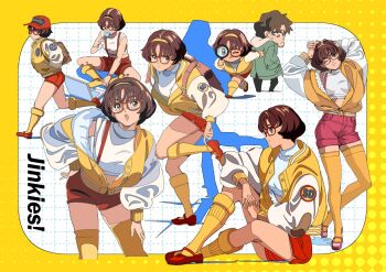 1990s_(style) 1boy 1girl :o :q adjusting_clothes adjusting_footwear animification arms_up backpack bag baseball_cap bracelet breasts brown_eyes brown_hair chibi closed_mouth clothes_writing coat colored_shadow commentary computer cropped_sweater eating edoya_inuhachi elbow_on_knee elbow_rest english_commentary facial_hair food fur-trimmed_coat fur_trim glasses gloves goatee_stubble green_coat hand_on_own_hip hand_on_own_thigh hands_in_pockets hat hat_writing head_tilt holding holding_food holding_magnifying_glass holding_popsicle indian_style interlocked_fingers jacket jewelry kneehighs laptop leaning_forward letterman_jacket looking_at_another looking_at_screen looking_at_viewer looking_back magnifying_glass mary_janes multicolored_jacket multiple_views one_eye_closed open_clothes open_jacket open_mouth own_hands_together popsicle red-framed_eyewear red_shoes red_shorts red_suspenders retro_artstyle scooby-doo shadow shaggy_rogers shoes short_hair shorts single_glove sitting sleeveless sleeveless_sweater sleeveless_turtleneck small_breasts smile socks solo_focus standing standing_on_one_leg stubble suspenders sweater thighhighs tongue tongue_out turtleneck turtleneck_sweater two-tone_jacket velma_dinkley walking white_gloves white_jacket white_sweater yellow_jacket yellow_socks yellow_thighhighs zettai_ryouiki