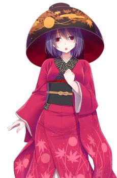 Rule 34 | 1girl, black hat, black sash, blush, bowl, bowl hat, breasts, clenched hand, colored eyelashes, commentary request, cowboy shot, crote, eyes visible through hair, furrowed brow, hair between eyes, half-closed eyes, hand on own chest, hat, highres, japanese clothes, kimono, large variant set, leaf print, long sleeves, looking at viewer, obi, open mouth, purple hair, red eyes, red kimono, sash, short hair, small breasts, solo, standing, sukuna shinmyoumaru, tachi-e, teeth, touhou, transparent background, upper teeth only, variant set, wide sleeves