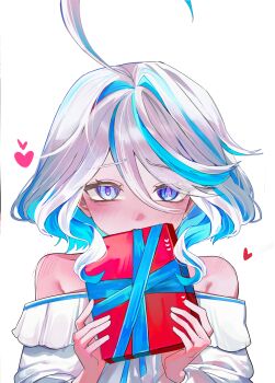 Rule 34 | 1girl, ahoge, bare shoulders, blue eyes, blue hair, blue pupils, blush, blver, commentary, drop-shaped pupils, furina (genshin impact), genshin impact, gift, heart, heterochromia, highres, holding, holding gift, huge ahoge, looking at viewer, medium hair, multicolored hair, off shoulder, shoulder blush, simple background, solo, symbol-shaped pupils, upper body, white background, white hair