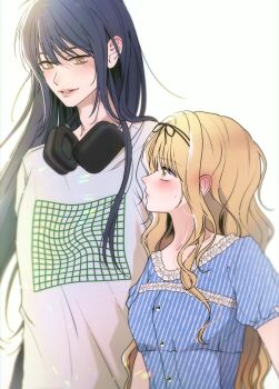 Rule 34 | 1boy, 1girl, absurdres, black hair, blonde hair, blue dress, blunt bangs, blush, commentary request, dress, fujisaki nagihiko, headphones, headphones around neck, highres, knn nabi, korean commentary, long hair, mashiro rima, shirt, short sleeves, shugo chara!, sidelocks, simple background, smile, t-shirt, upper body, white background, yellow eyes