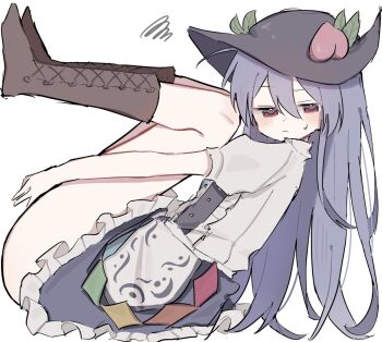 1girl blue_hair blue_skirt blush boots brown_boots commentary frills from_side full_body hair_between_eyes hands_on_own_thighs hat highres hinanawi_tenshi legs long_hair looking_at_viewer maruten_moko peach_hat_ornament red_eyes shirt short_sleeves skirt solo sweatdrop thighs touhou white_shirt