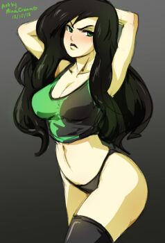1girl alternate_costume arms_behind_head arms_up artist_name black_hair blush breasts closed_mouth dated disney gradient_background green_eyes grey_background half-closed_eyes kim_possible_(series) large_breasts long_hair looking_at_viewer mina_cream neck non-web_source pale_skin serious shego solo standing straight_hair very_long_hair