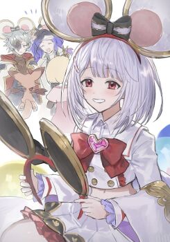 Rule 34 | 2girls, 3boys, animal ear hairband, animal ears, balloon, blonde hair, bow, commentary request, djeeta (granblue fantasy), fake animal ears, granblue fantasy, grey hair, grin, hair ornament, hairband, hairclip, highres, holding hairband, long sleeves, looking at viewer, midriff, mouse ears, multiple boys, multiple girls, navel, notice lines, open mouth, orologia (male), purple hair, red bow, red eyes, seox (granblue fantasy), shiromimin, simple background, smile, v, vikala (granblue fantasy), vyrn (granblue fantasy), white background, white hair
