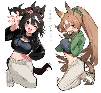 2girls :d abs animal_ears black_hair black_shrug blush border commentary_request ear_ornament green_background green_shrug hand_in_pocket highres horse_ears horse_girl horse_tail jumping kitasan_black_(umamusume) looking_at_viewer midriff multiple_girls one_eye_closed open_mouth pants ponytail red_eyes satono_diamond_(umamusume) shoes shrug_(clothing) smile sneakers tail takuan_(taku1219oekaki) tank_top teeth toned toned_female twitter_username umamusume upper_body upper_teeth_only white_border white_pants white_shoes yellow_background yellow_eyes