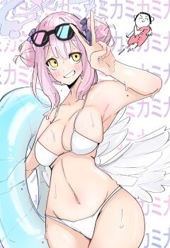1boy 1girl absurdres bare_arms bare_shoulders bikini blue_archive blush breasts doodle_sensei_(blue_archive) double_bun hair_bun halo highres innertube large_breasts looking_at_viewer mika_(blue_archive) navel pink_hair pink_halo scrunchie sensei_(blue_archive) smile stomach sunglasses sweat swim_ring swimsuit text_background tovjiw6kok72805 v wet white_bikini white_wings wings yellow_eyes