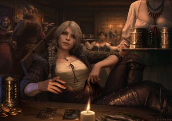 bandaged_arm bandages bar_(place) beer_mug boots braid braided_ponytail breasts brick_wall candle card chair ciri coin commentary cup english_commentary facial_scar fantasy gold_coin hair_over_shoulder highres holding holding_card honeybunny-art jacket jewelry leather leather_boots leather_pants long_hair looking_at_viewer makeup medieval medium_breasts mug multiple_boys multiple_girls necklace on_chair open_clothes open_jacket pants playing_card reclining scar scar_on_arm scar_on_cheek scar_on_face shirt silver_necklace sitting table the_witcher_(series) the_witcher_4 white_hair white_shirt window wooden_chair wooden_table