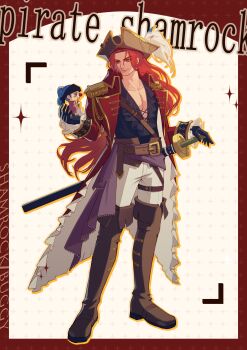 2boys absurdres black_boots black_gloves black_shirt blue_hair boots buggy_the_clown chibi figarland_shamrock frilled_shirt frills full_body gloves hashtag-only_commentary hat highres long_hair ls333ls333 male_focus multiple_boys nose one_piece pants pirate_hat ponytail red_eyes red_hair sash shirt sidelocks smile white_pants