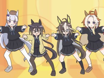 4girls :d animal_ears black_pantyhose black_sailor_collar black_serafuku black_shirt black_shoes black_skirt black_socks blonde_streaks blue_eyes blue_neckerchief brown_shoes cape cardigan closed_mouth colored_bangs colored_inner_hair commentary_request curtained_hair dream_journey_(umamusume) echieichi glasses gold_ship_(umamusume) grey_hair grey_shoes grin highres horse_ears horse_girl horse_tail jitome loafers long_hair looking_at_viewer lucky_star miniskirt motteke!_serafuku multicolored_hair multiple_girls neckerchief open_cardigan open_clothes open_mouth orange_hair orfevre_(umamusume) outstretched_arms pantyhose parody parted_bangs pleated_skirt purple_eyes red_cape sailor_collar school_uniform semi-rimless_eyewear serafuku shirt shoes skirt smile socks stay_gold_(umamusume) stay_gold_clan_(umamusume) tail thighhighs umamusume under-rim_eyewear v-shaped_eyebrows white_streaks white_thighhighs yellow_background yellow_cardigan yellow_eyes zettai_ryouiki