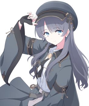 1girl arm_up black_gloves black_hair black_hat black_jacket black_necktie black_skirt blue_eyes closed_mouth collared_shirt commentary dress_shirt expressionless fingerless_gloves garand_flash_(love_live!) gloves hat highres jacket junnatsu link!_like!_love_live! long_hair long_sleeves looking_at_viewer love_live! mole mole_on_neck murano_sayaka necktie shirt sitting skirt solo virtual_youtuber white_shirt wide_sleeves