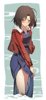 1girl ahoge bad_id bad_pixiv_id blue_kimono blush border breasts brown_hair closed_mouth club3 cowboy_shot cropped_legs female_focus green_background grey_eyes highres jacket japanese_clothes kara_no_kyoukai kimono long_sleeves looking_at_viewer red_jacket ryougi_shiki short_hair small_breasts smile solo thighs type-moon white_border