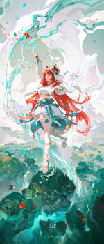 1girl absurdres arm_up bare_shoulders blue_eyes blue_nails blush bow bracer breasts brooch bug butterfly circlet commentary crop_top dancer detached_sleeves english_commentary fake_horns flower full_body genshin_impact gladiator_sandals gold_trim green_bow harem_outfit highres horns insect jewelry leg_up long_hair long_sleeves looking_up medium_breasts nail_polish nilou_(genshin_impact) outdoors puffy_long_sleeves puffy_sleeves red_hair sandals skirt smile solo standing standing_on_one_leg stomach toenail_polish toenails twintails veil water white_veil ying_yi