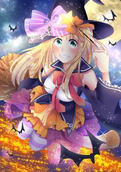 1girl absurdres bat_(animal) blonde_hair blue_sailor_collar bow bowtie broom commentary_request full_moon green_eyes halloween hat hat_bow highres holding holding_wand kobato_(youyoshi0422) long_hair looking_at_viewer moon night night_sky orange_skirt original pantyhose pleated_skirt purple_bow purple_pantyhose red_bow red_bowtie sailor_collar shirt skirt sky solo star_(symbol) striped_bow striped_clothes striped_pantyhose teeth two-tone_pantyhose wand white_pantyhose white_shirt witch witch_hat
