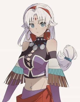 Rule 34 | 1girl, bare shoulders, breasts, commentary request, curtained hair, dark-skinned female, dark skin, detached sleeves, earrings, eiyuu densetsu, facial mark, forehead mark, george man, green eyes, grey background, hairband, highres, hoop earrings, jewelry, long hair, looking at viewer, low-tied long hair, medium breasts, navel, navel piercing, necklace, parted bangs, piercing, scherazard harvey, simple background, solo, sora no kiseki, upper body, white hair