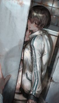 1boy 1girl absurdres black_hair blush bottomless breasts brown_eyes finger_to_mouth highres index_finger_raised jacket lips looking_at_viewer naked_jacket on_toilet original pov pov_hands public_restroom short_hair shushing sitting soleil_(soleilmtfbwy03) tile_wall tiles toilet toilet_seat toilet_stall track_jacket white_jacket