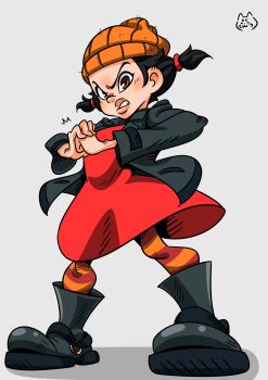 Rule 34 | 1girl, absurdres, ashley spinelli, black boots, black jacket, boots, brown eyes, cracking knuckles, dress, hat, highres, jacket, long sleeves, pantyhose, recess (disney), red dress, saro (ner915), short twintails, simple background, solo, striped clothes, striped pantyhose, twintails, yellow hat