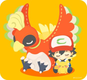 Rule 34 | 1boy, artist name, ash ketchum, baseball cap, bird, chibi, chibi only, commentary request, gen 1 pokemon, gen 2 pokemon, hat, ho-oh, legendary pokemon, nintendo, pikachu, pokemon, pokemon (anime), pokemon (classic anime), pokemon (creature), rizu (rizunm), sleeping, yellow background